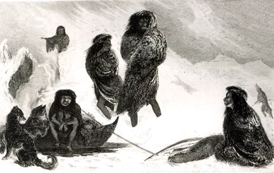 Feuerländer auf dem Weg zum Handel mit den Patagoniern, graviert von T. Lanseer, 1838